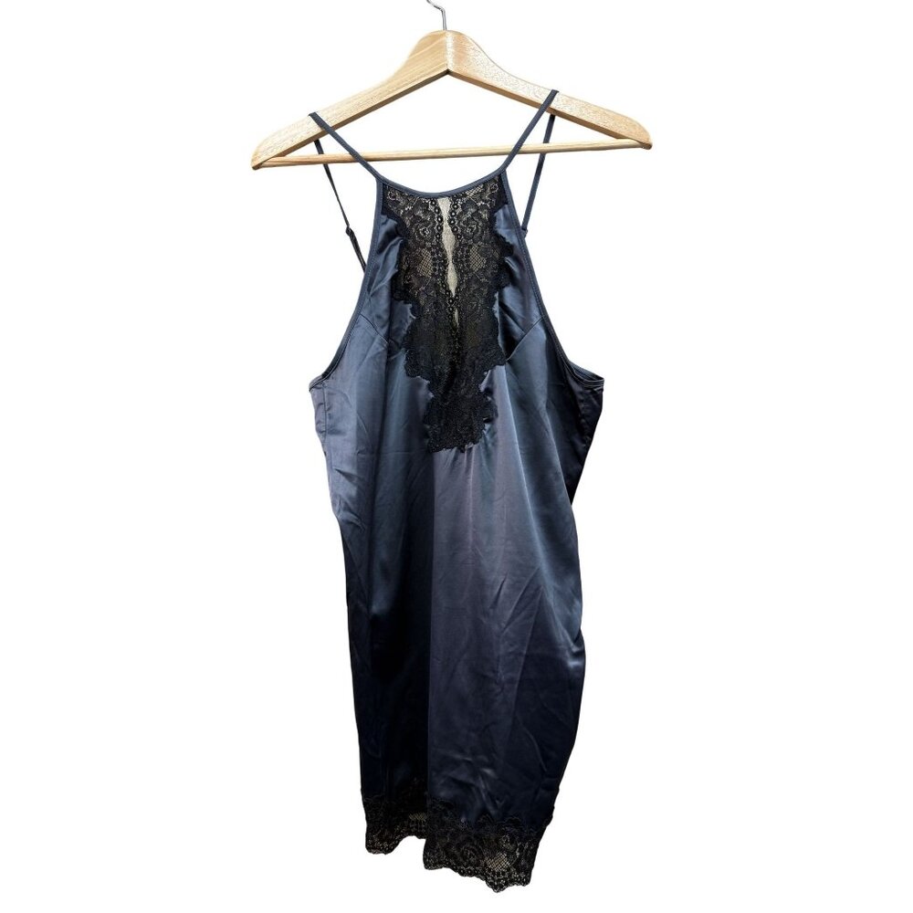 Frederick's of Hollywood Black Satin Lace Trim Sleeveless Nightgown Large